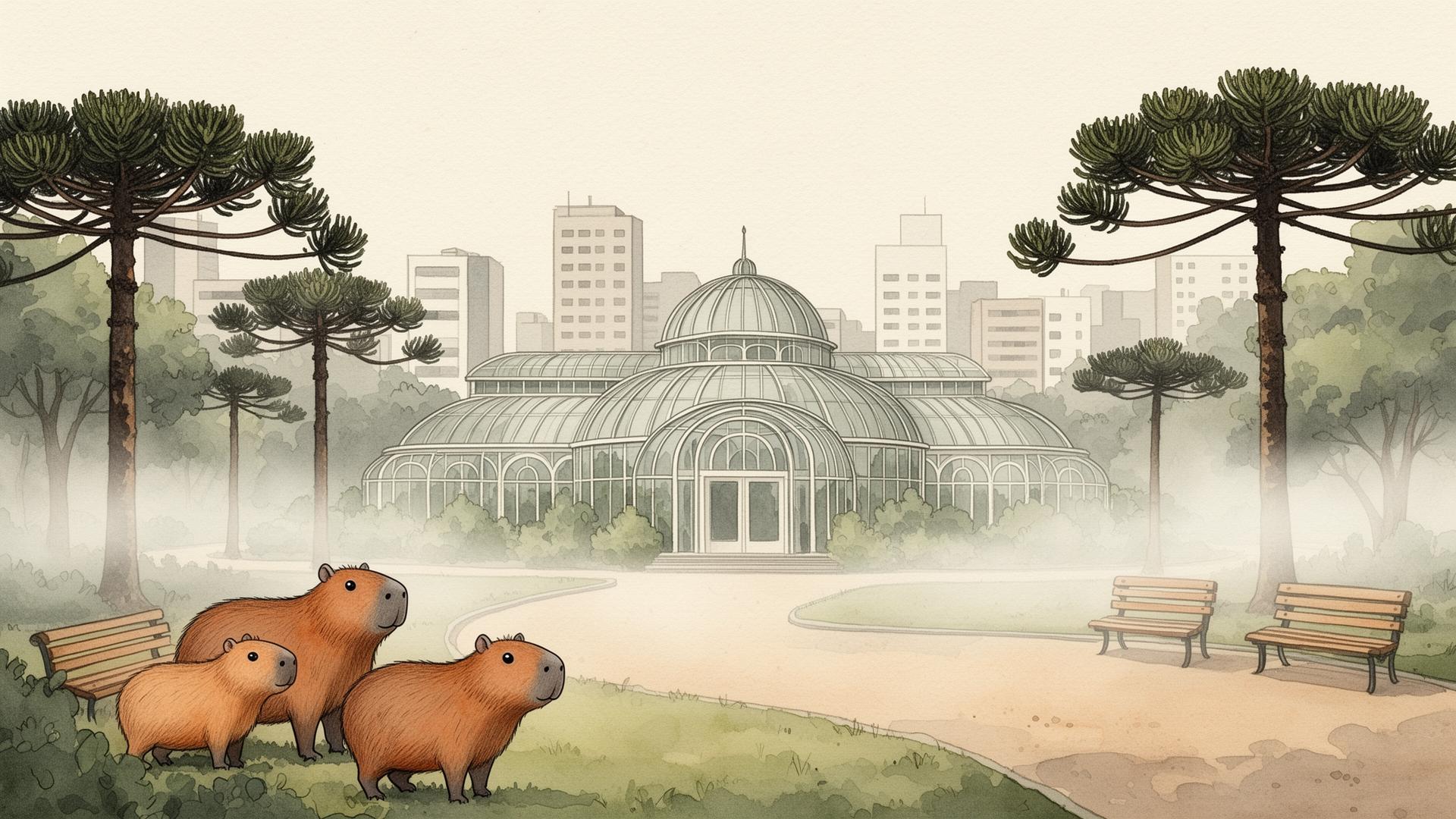 Ilustração artística de Curitiba com Jardim Botânico, araucárias e capivaras